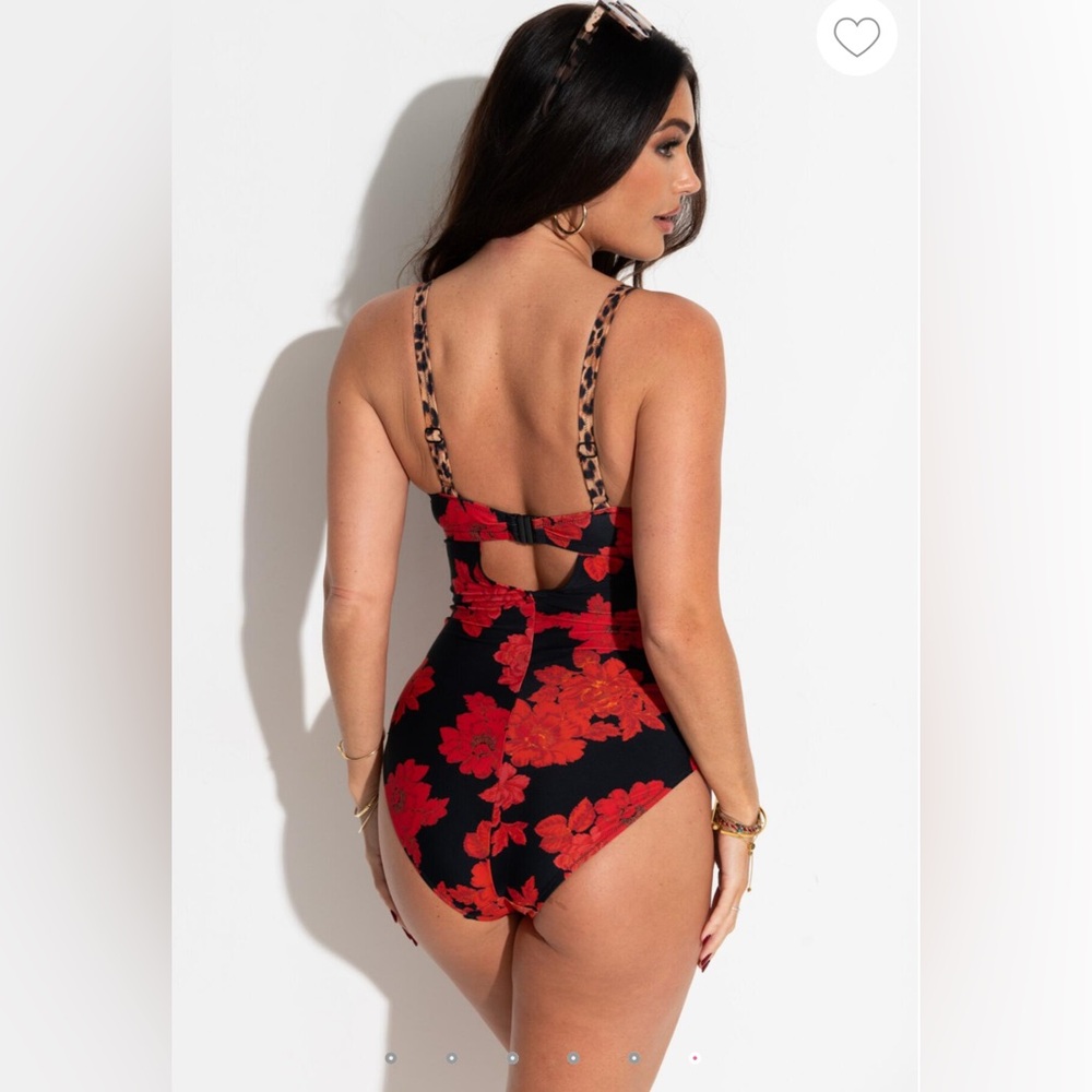 Pour Moi St Lucia Red Floral & Leopard Print Underwire Swimsuit Sz 38I NWT - Picture 3 of 11